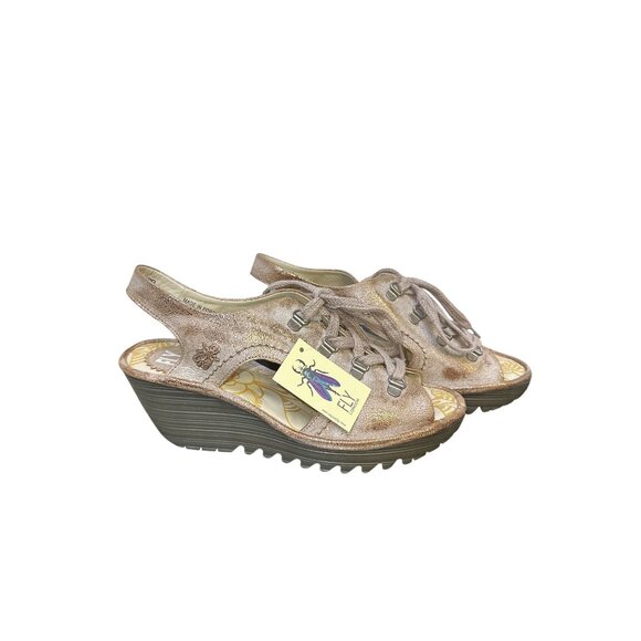 NWT Fly London Gold Metallic Slingback Wedge Shoes Size 8.5 - Picture 1 of 8